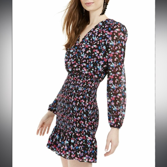 Leyden Printed Long Sleeve Smocked Ruffle Mini Dress - Picture 2 of 8